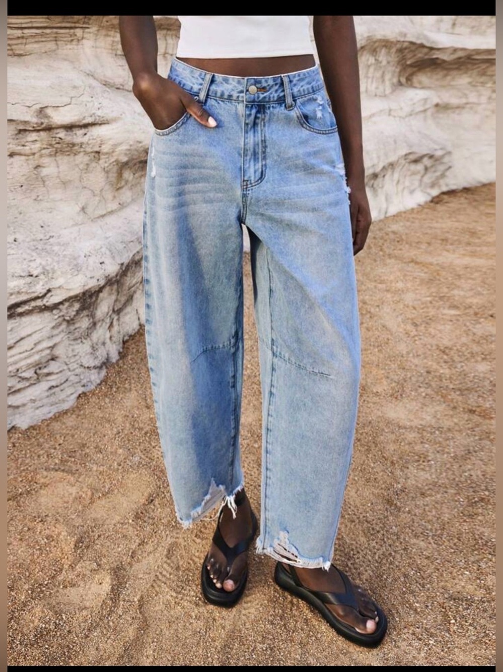 Women's 29  Wide Leg cropped barrel Jeans - Light Blue - Picture 5 of 9